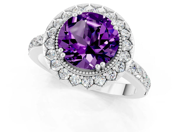 White gold Round Cut Amethyst Halo Ring with Pavé Band and Prong Setting