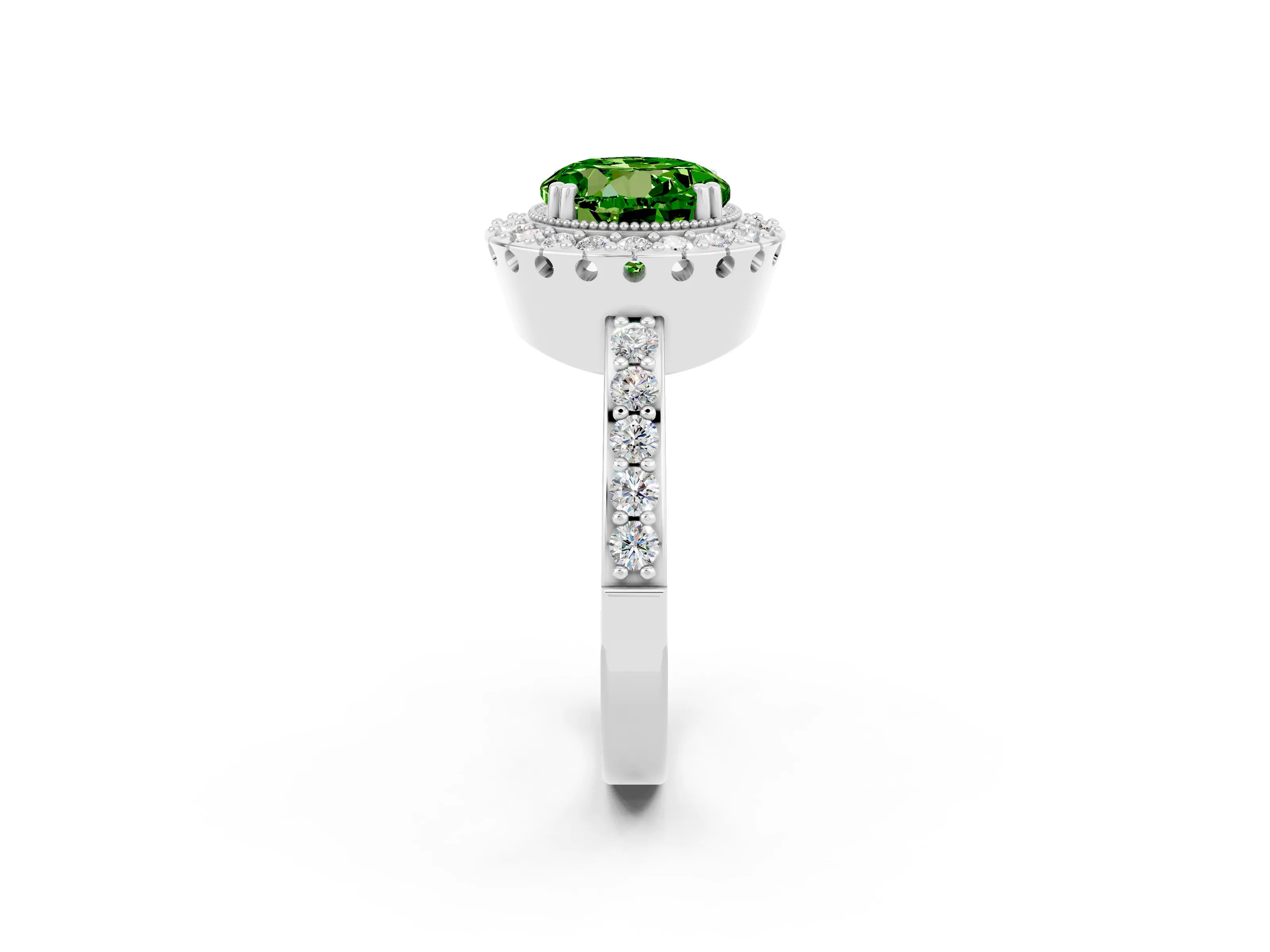 White gold Round Cut Diamond Halo Ring with Pavé Band and Prong Setting_2