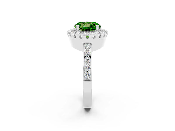 Platinum Round Cut Peridot Halo Ring with Pavé Band and Prong Setting