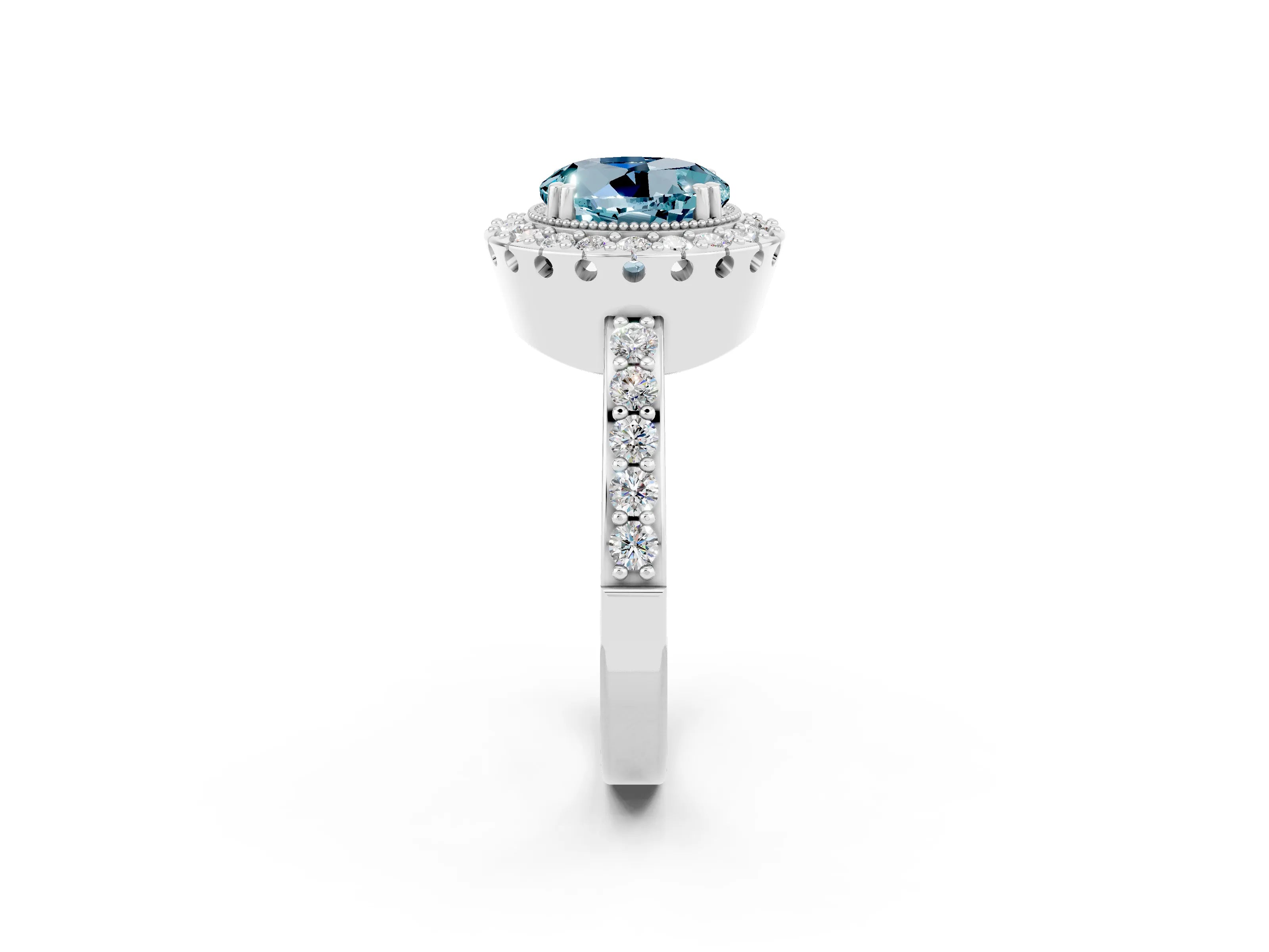 White gold Round Cut Diamond Halo Ring with Pavé Band and Prong Setting_2