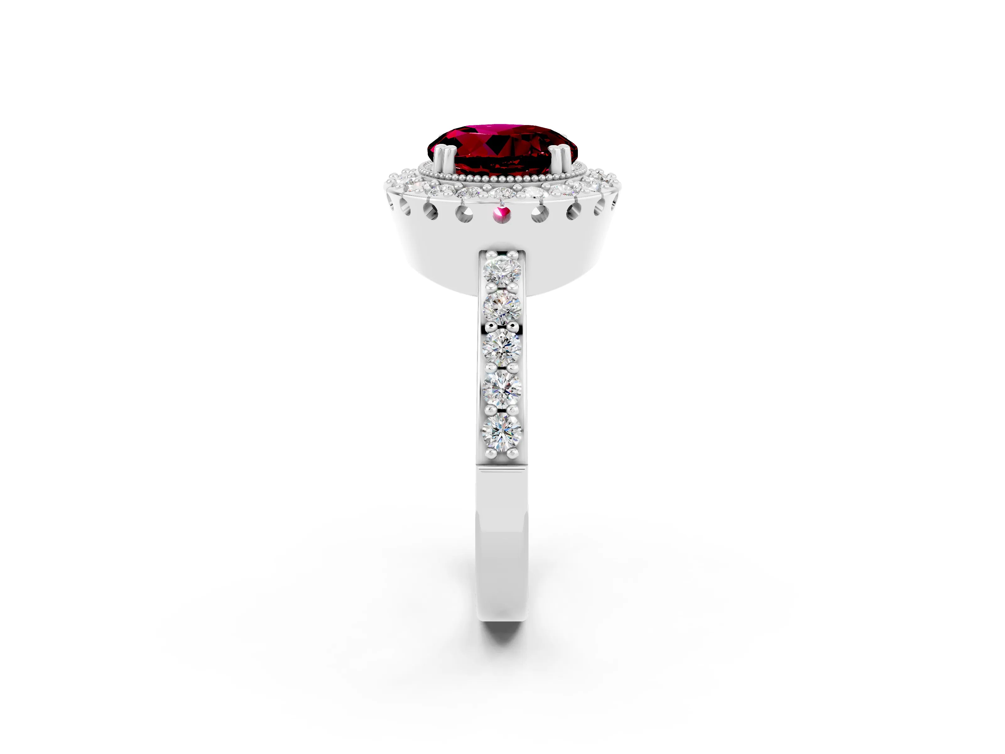 White gold Round Cut Diamond Halo Ring with Pavé Band and Prong Setting_2