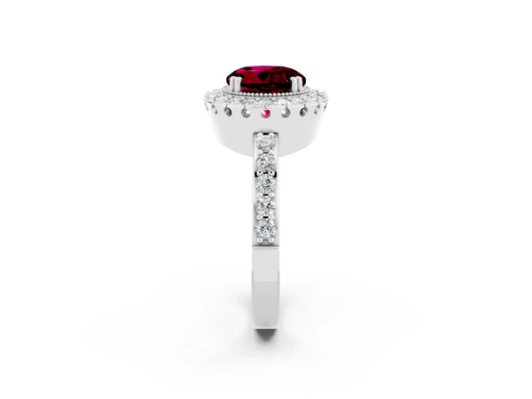 Platinum Round Cut Garnet Halo Ring with Pavé Band and Prong Setting