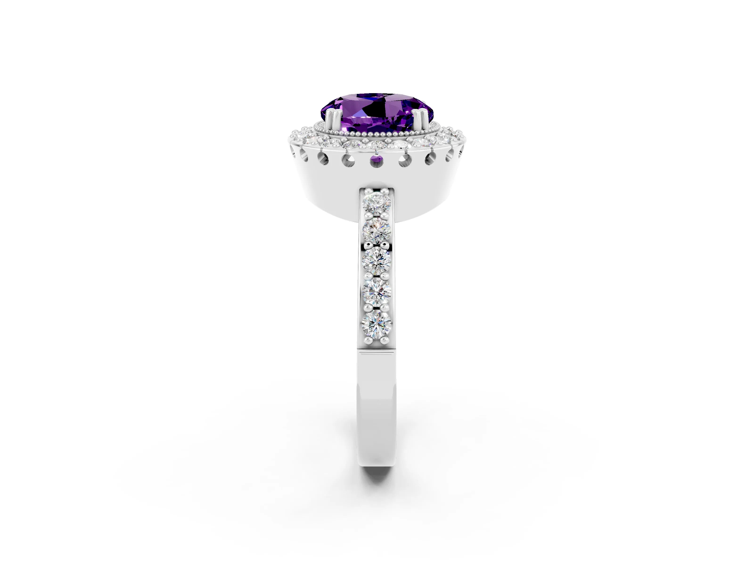 White gold Round Cut Diamond Halo Ring with Pavé Band and Prong Setting_2