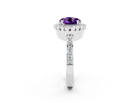 White gold Round Cut Diamond Halo Ring with Pavé Band and Prong Setting_2