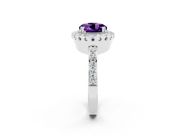 Silver Round Cut Amethyst Halo Ring with Pavé Band and Prong Setting