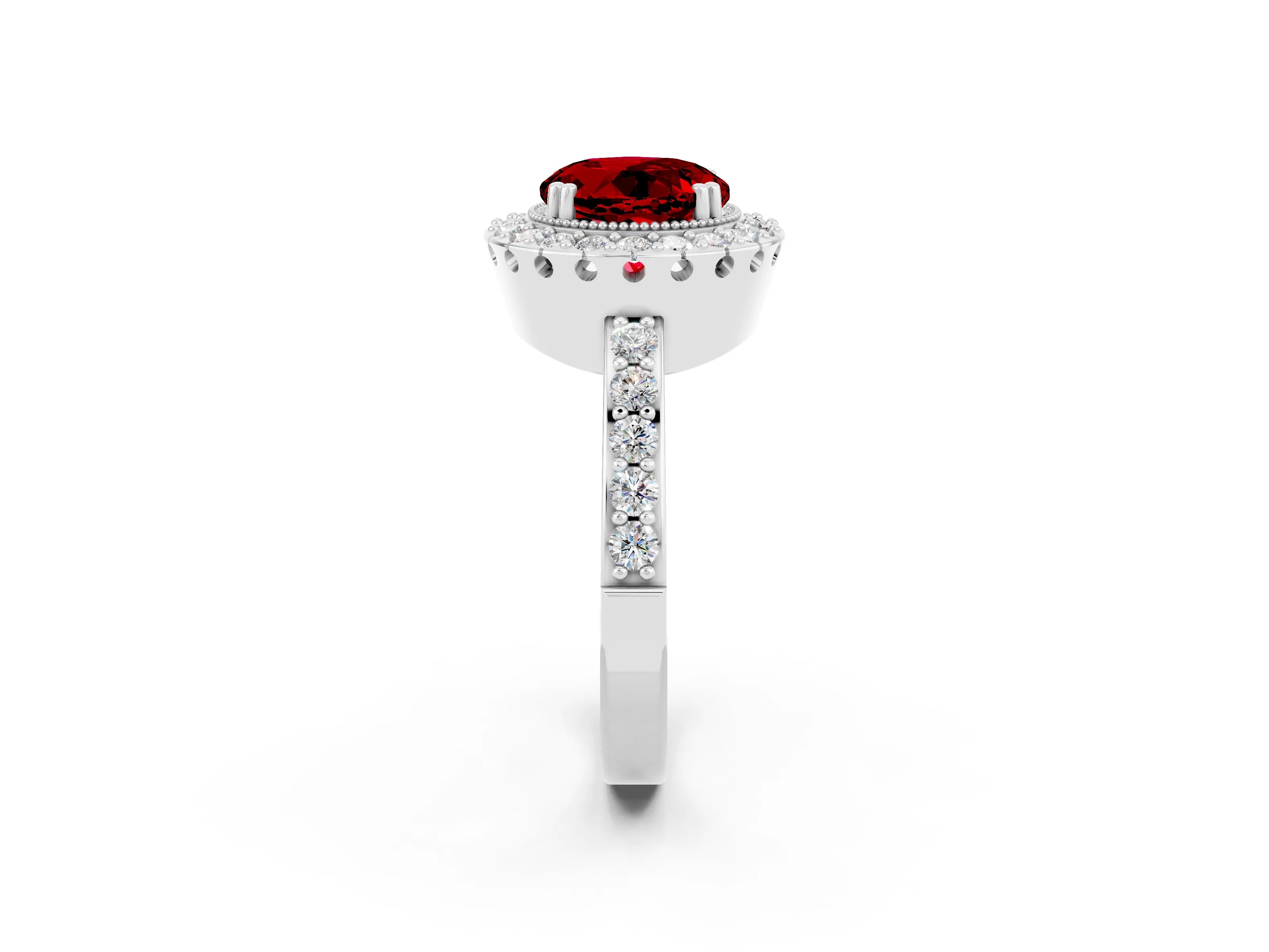 White gold Round Cut Diamond Halo Ring with Pavé Band and Prong Setting_2