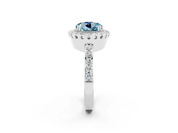 White gold Round Cut Aquamarine Halo Ring with Pavé Band and Prong Setting