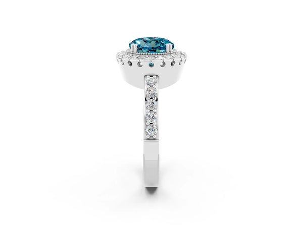 Platinum Round Cut Blue Topaz Halo Ring with Pavé Band and Prong Setting