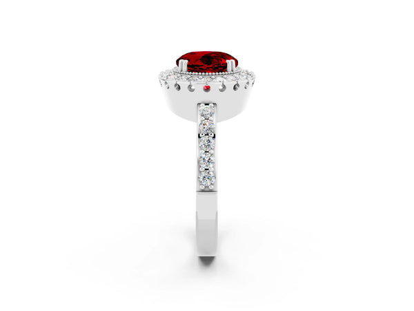 Platinum Round Cut Ruby Halo Ring with Pavé Band and Prong Setting