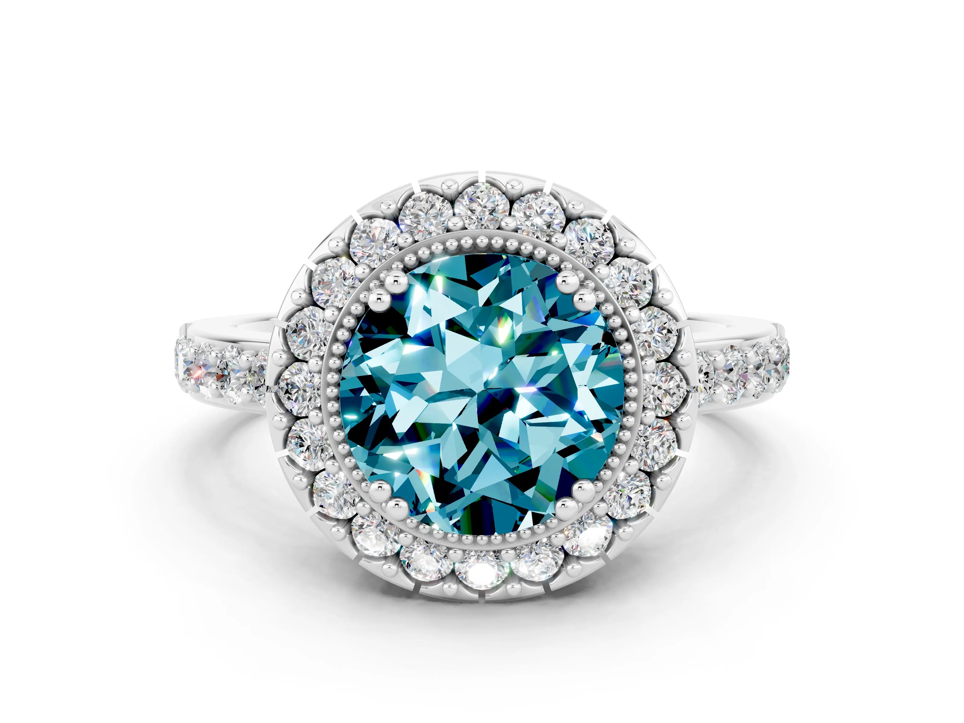 White gold Round Cut Diamond Halo Ring with Pavé Band and Prong Setting