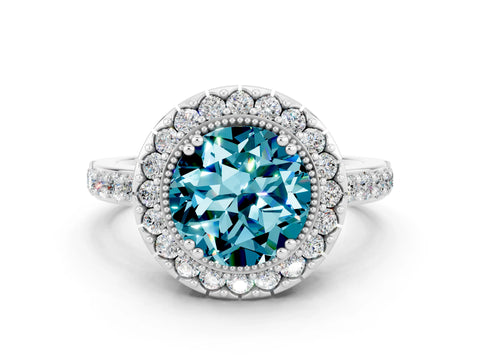 White gold Round Cut Diamond Halo Ring with Pavé Band and Prong Setting
