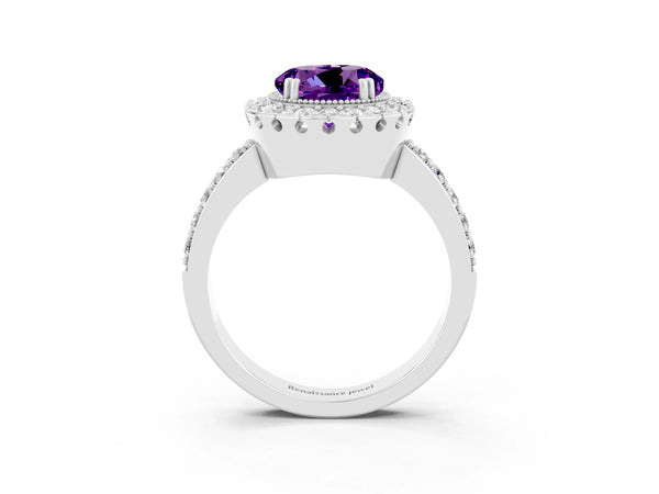 Platinum Round Cut Amethyst Halo Ring with Pavé Band and Prong Setting