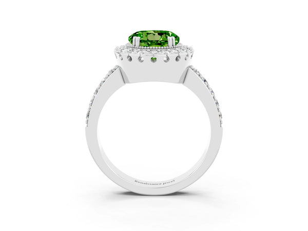 White gold Round Cut Peridot Halo Ring with Pavé Band and Prong Setting