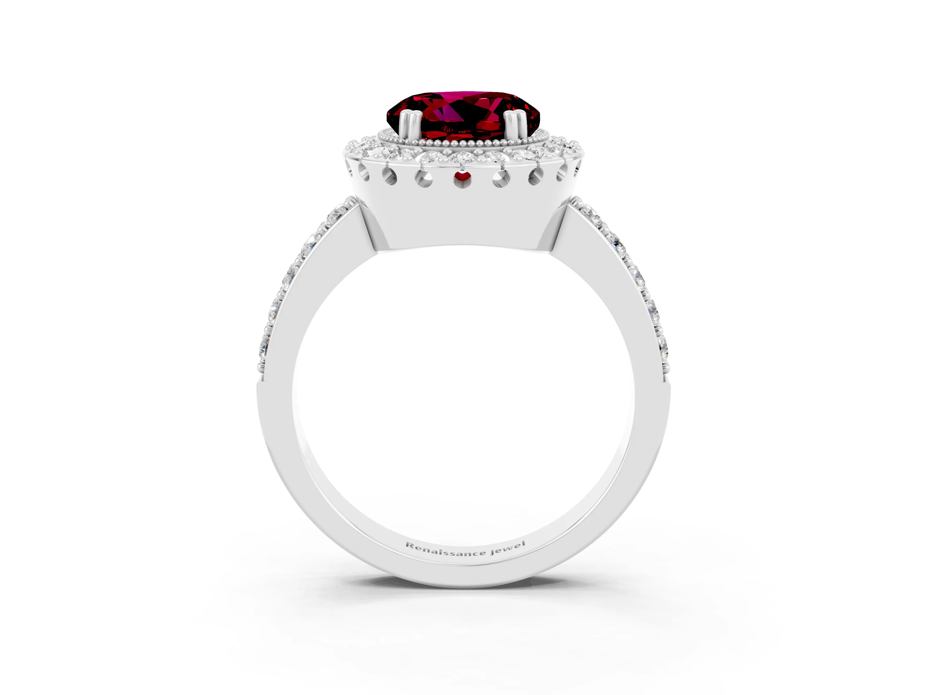 White gold Round Cut Diamond Halo Ring with Pavé Band and Prong Setting_3