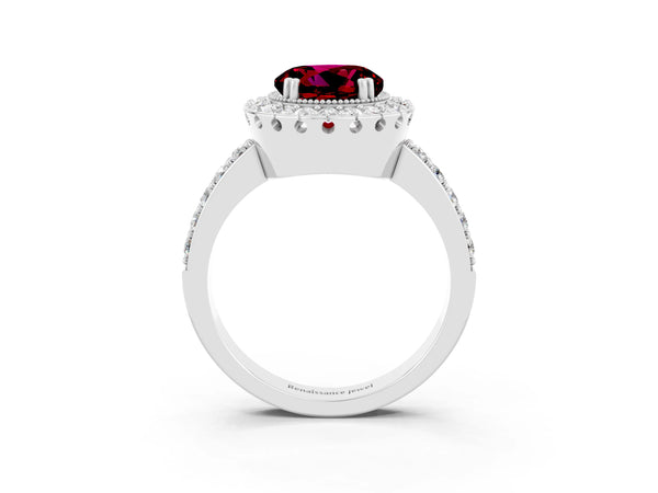 Silver Round Cut Garnet Halo Ring with Pavé Band and Prong Setting