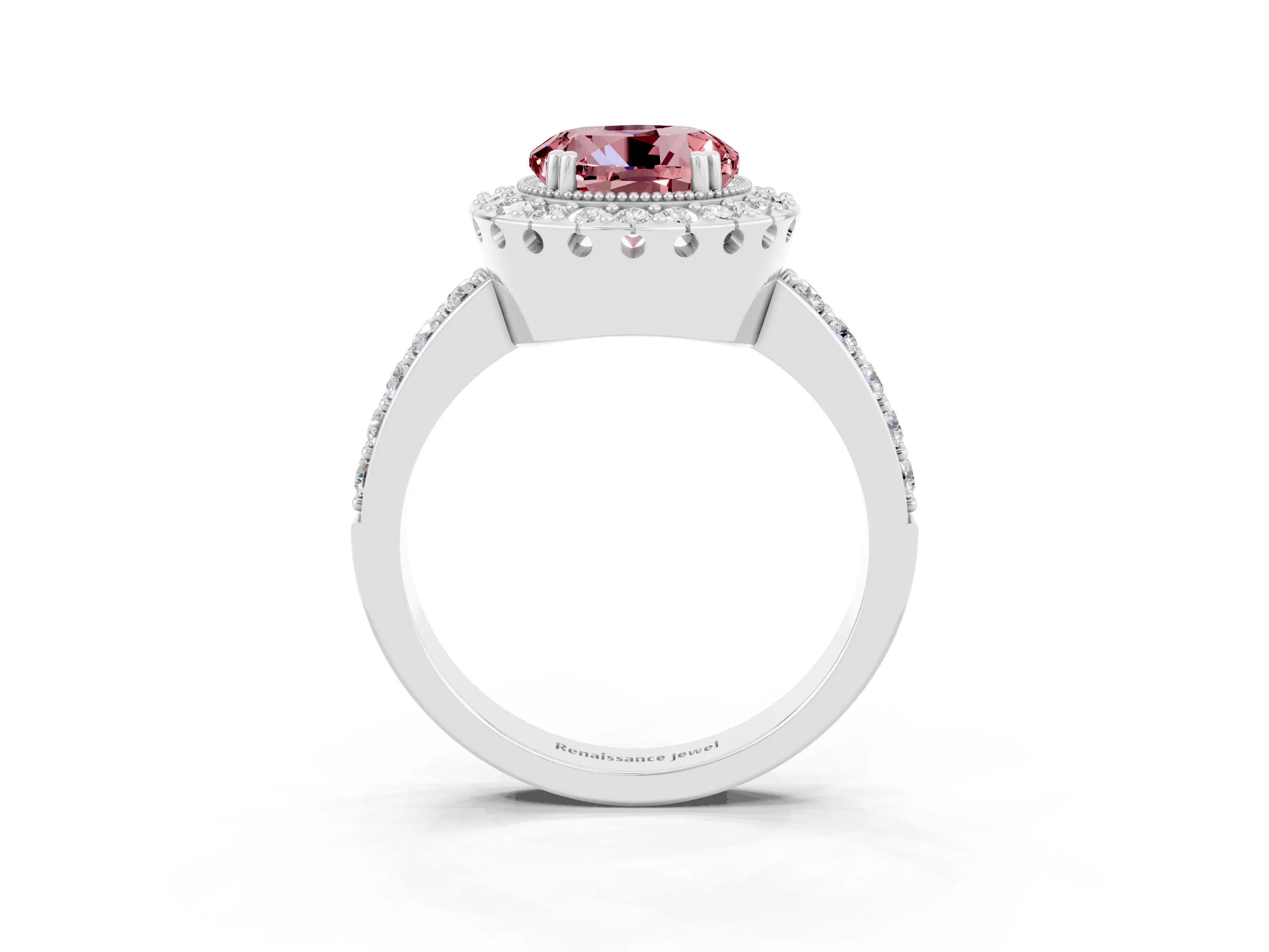 White gold Round Cut Diamond Halo Ring with Pavé Band and Prong Setting_3