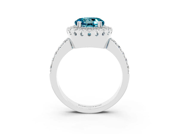 Silver Round Cut Blue Topaz Halo Ring with Pavé Band and Prong Setting