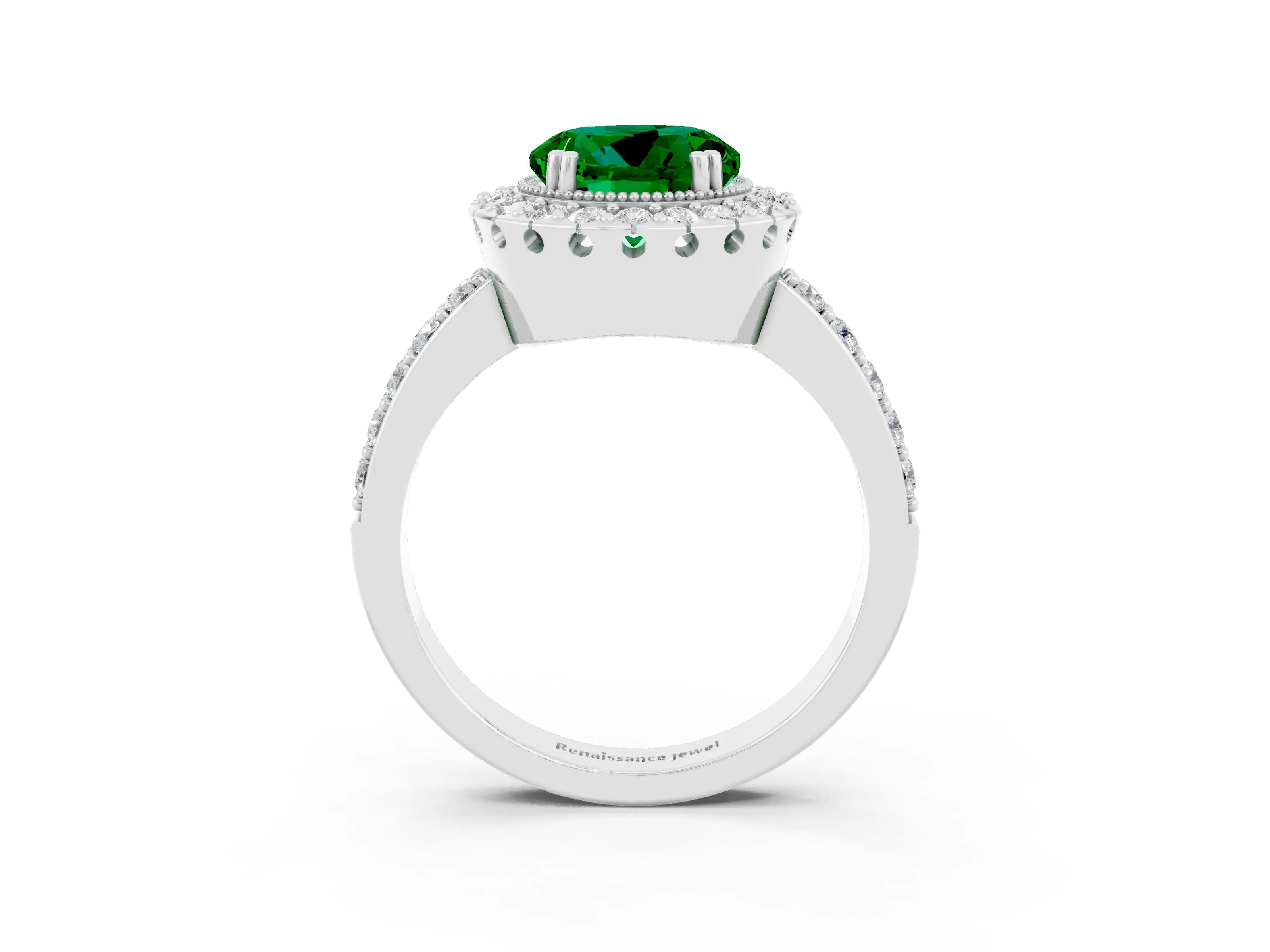 White gold Round Cut Diamond Halo Ring with Pavé Band and Prong Setting_3