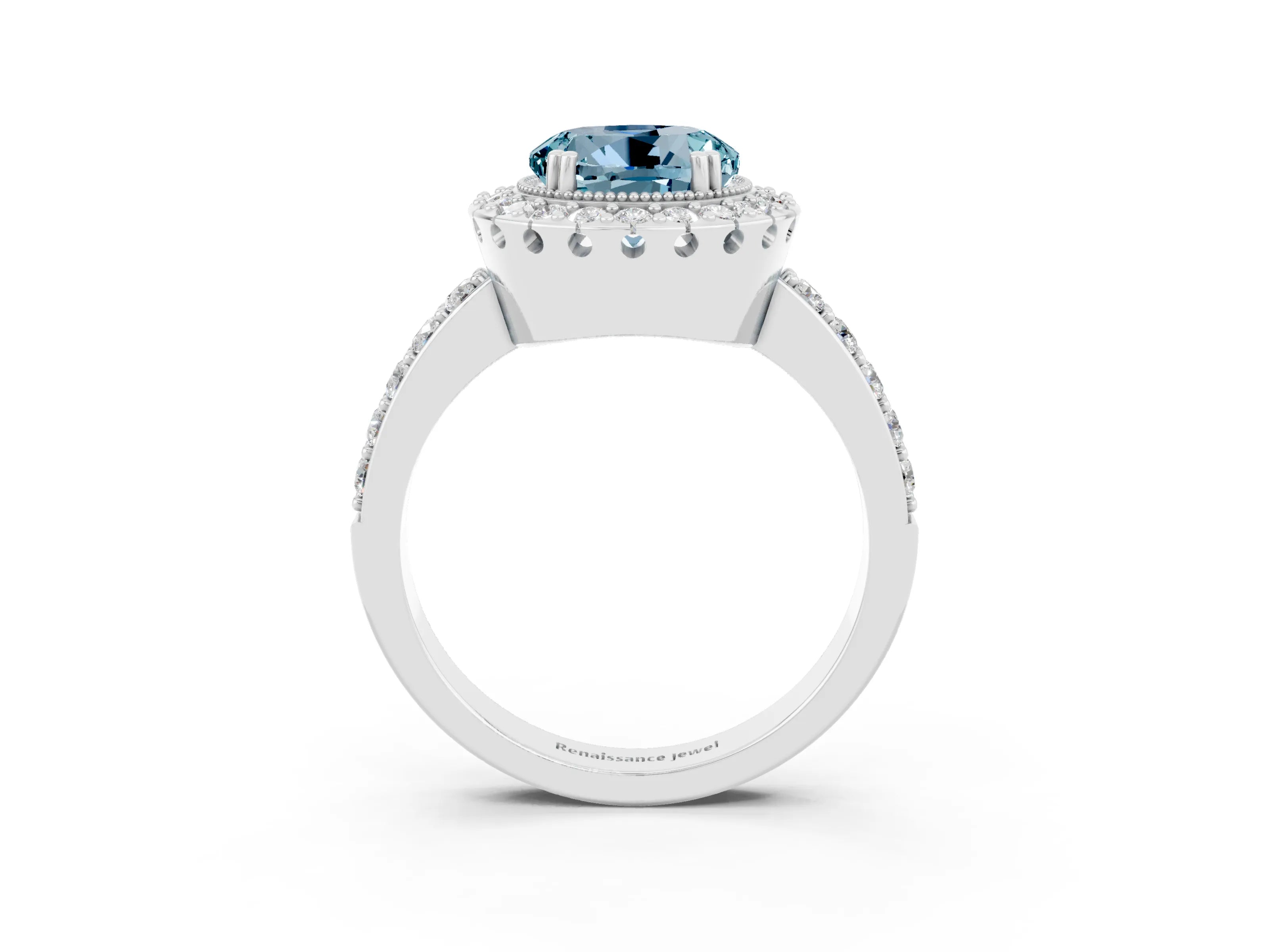 White gold Round Cut Diamond Halo Ring with Pavé Band and Prong Setting_3