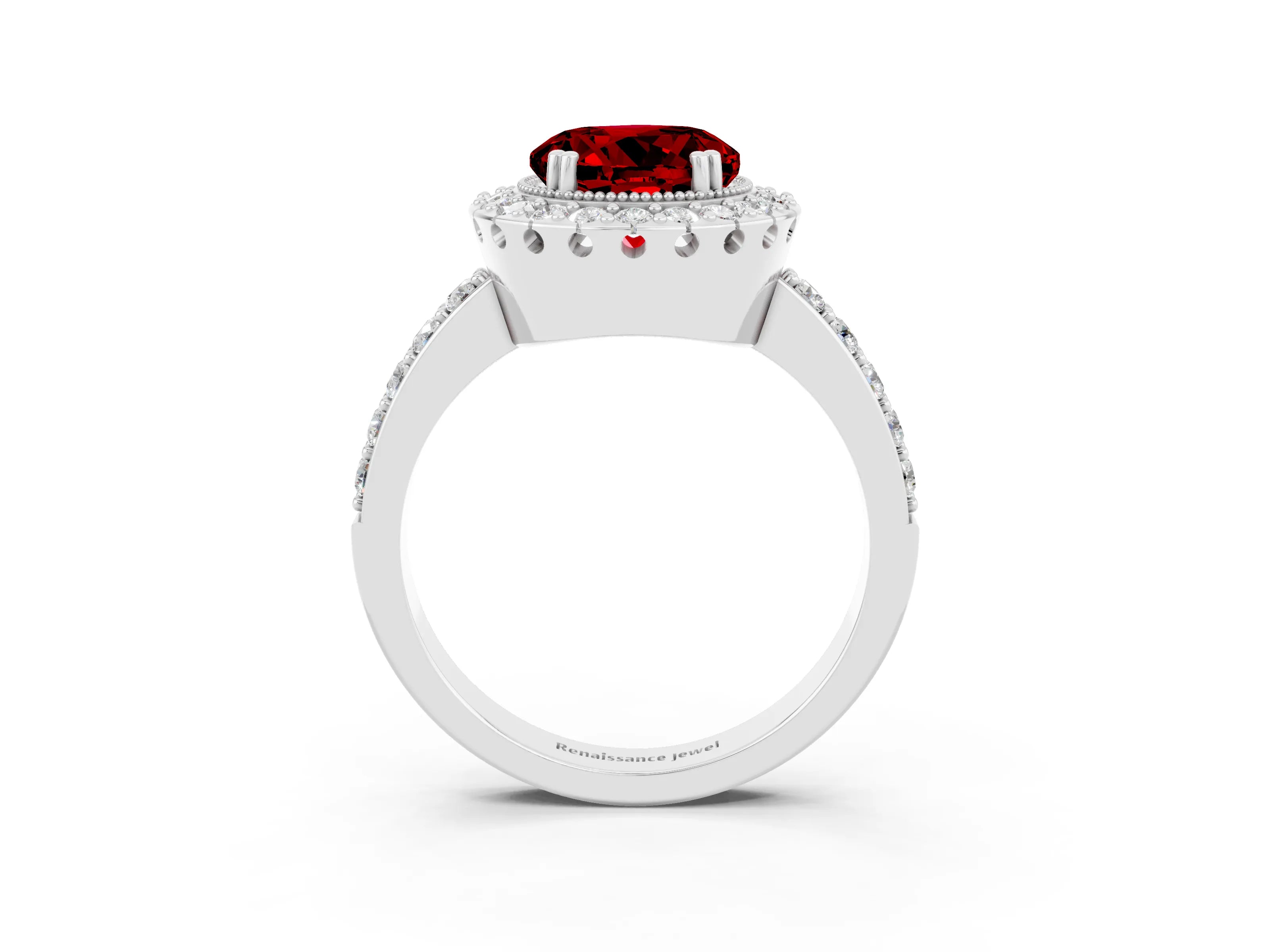 White gold Round Cut Diamond Halo Ring with Pavé Band and Prong Setting_3