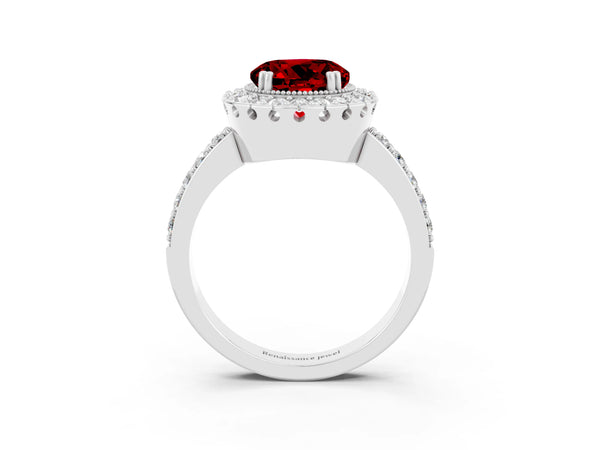 Silver Round Cut Ruby Halo Ring with Pavé Band and Prong Setting