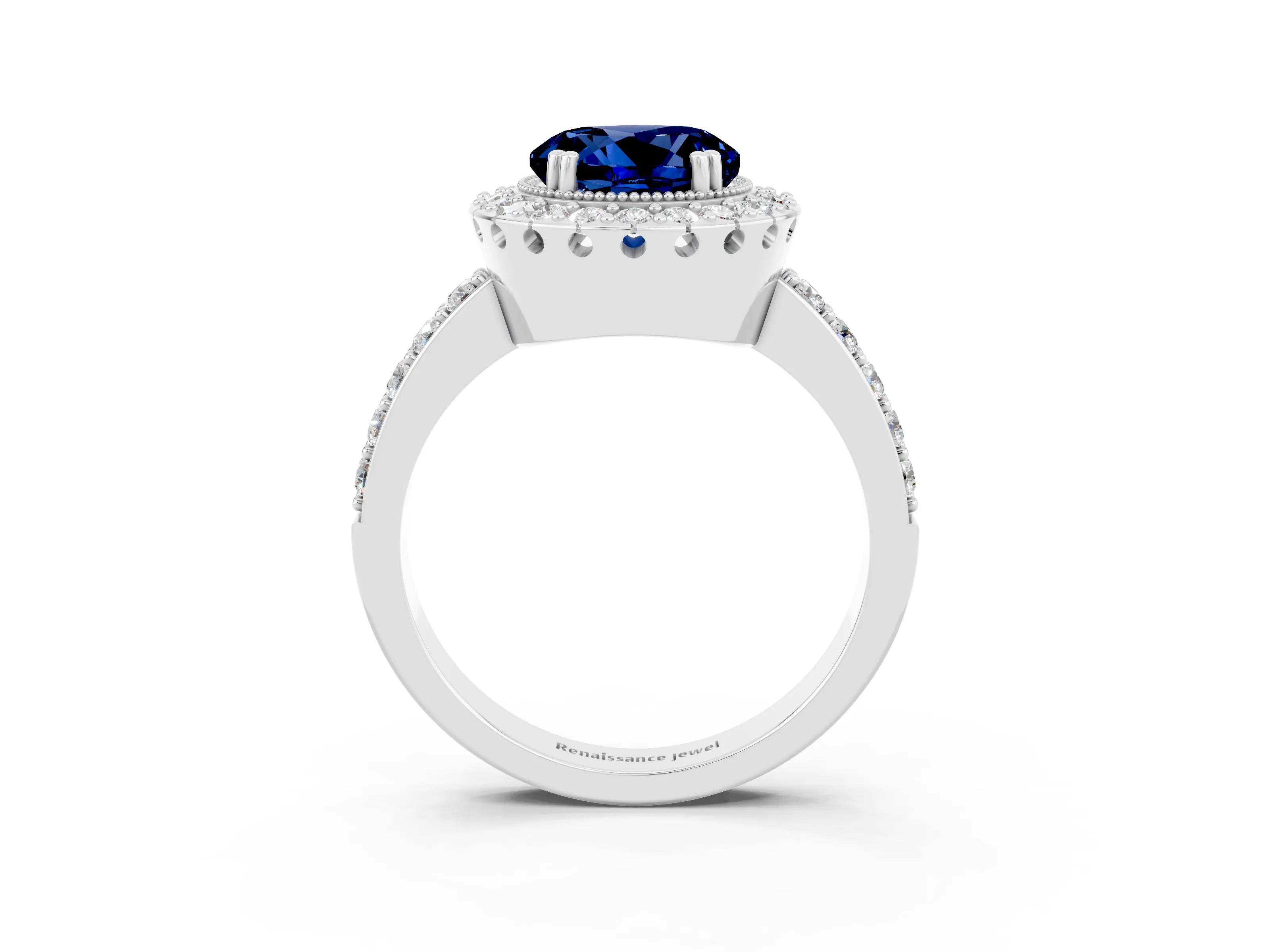 White gold Round Cut Diamond Halo Ring with Pavé Band and Prong Setting_3