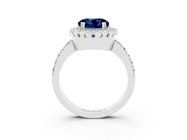 Platinum Round Cut Blue Sapphire Halo Ring with Pavé Band and Prong Setting