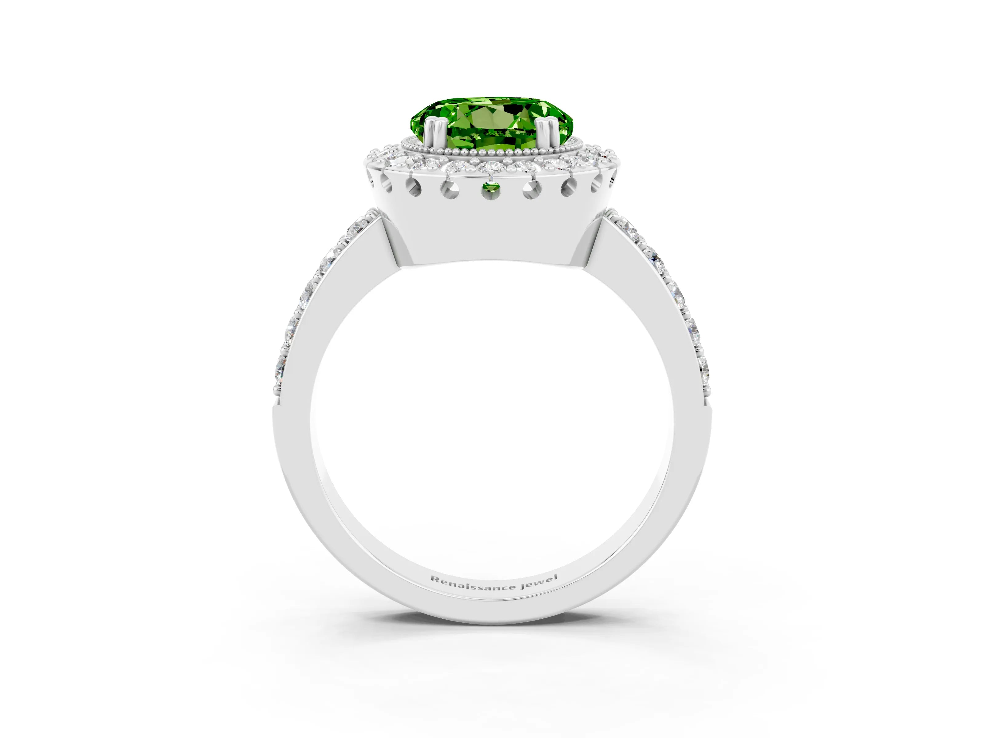 White gold Round Cut Diamond Halo Ring with Pavé Band and Prong Setting_3
