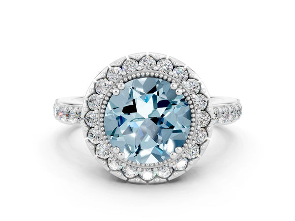Silver Round Cut Aquamarine Halo Ring with Pavé Band and Prong Setting