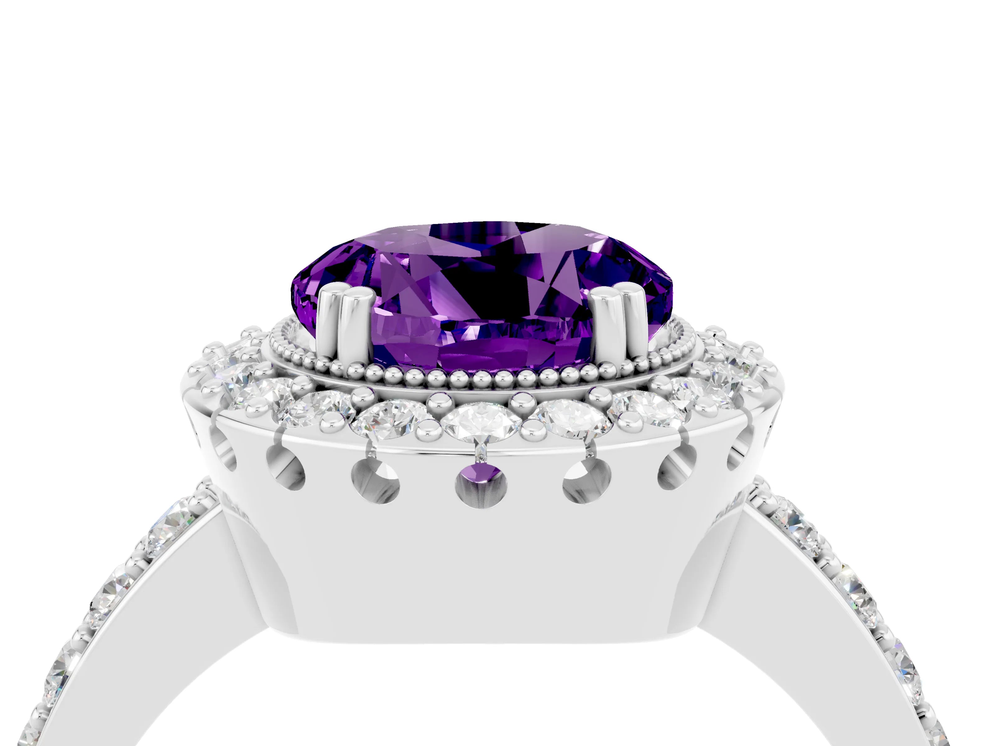 White gold Round Cut Diamond Halo Ring with Pavé Band and Prong Setting_4