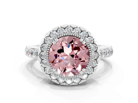 White gold Round Cut Diamond Halo Ring with Pavé Band and Prong Setting