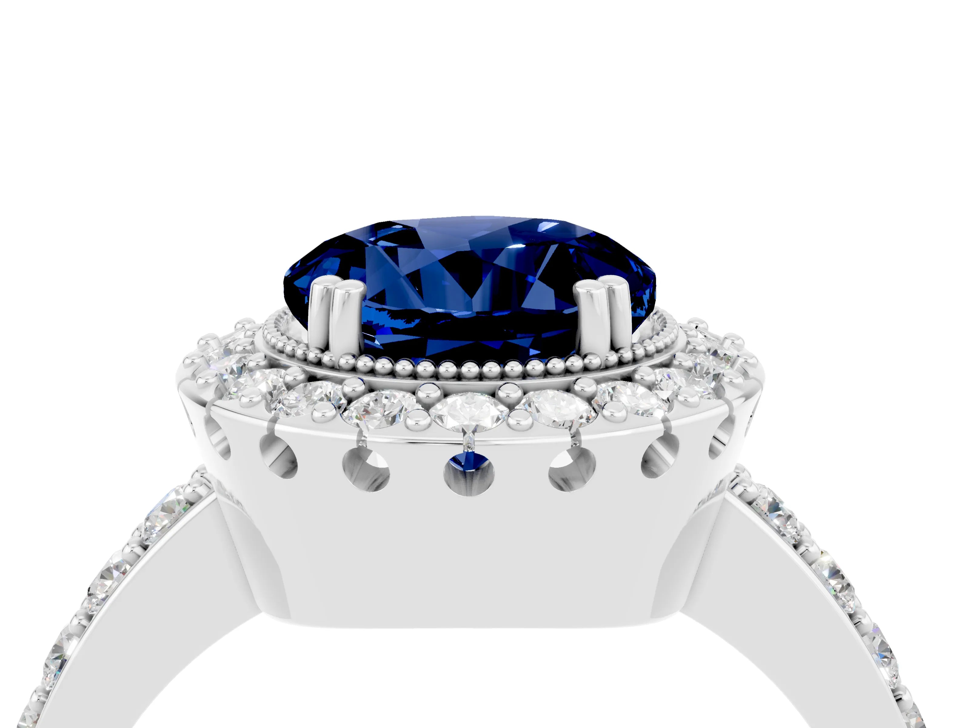 White gold Round Cut Diamond Halo Ring with Pavé Band and Prong Setting_4