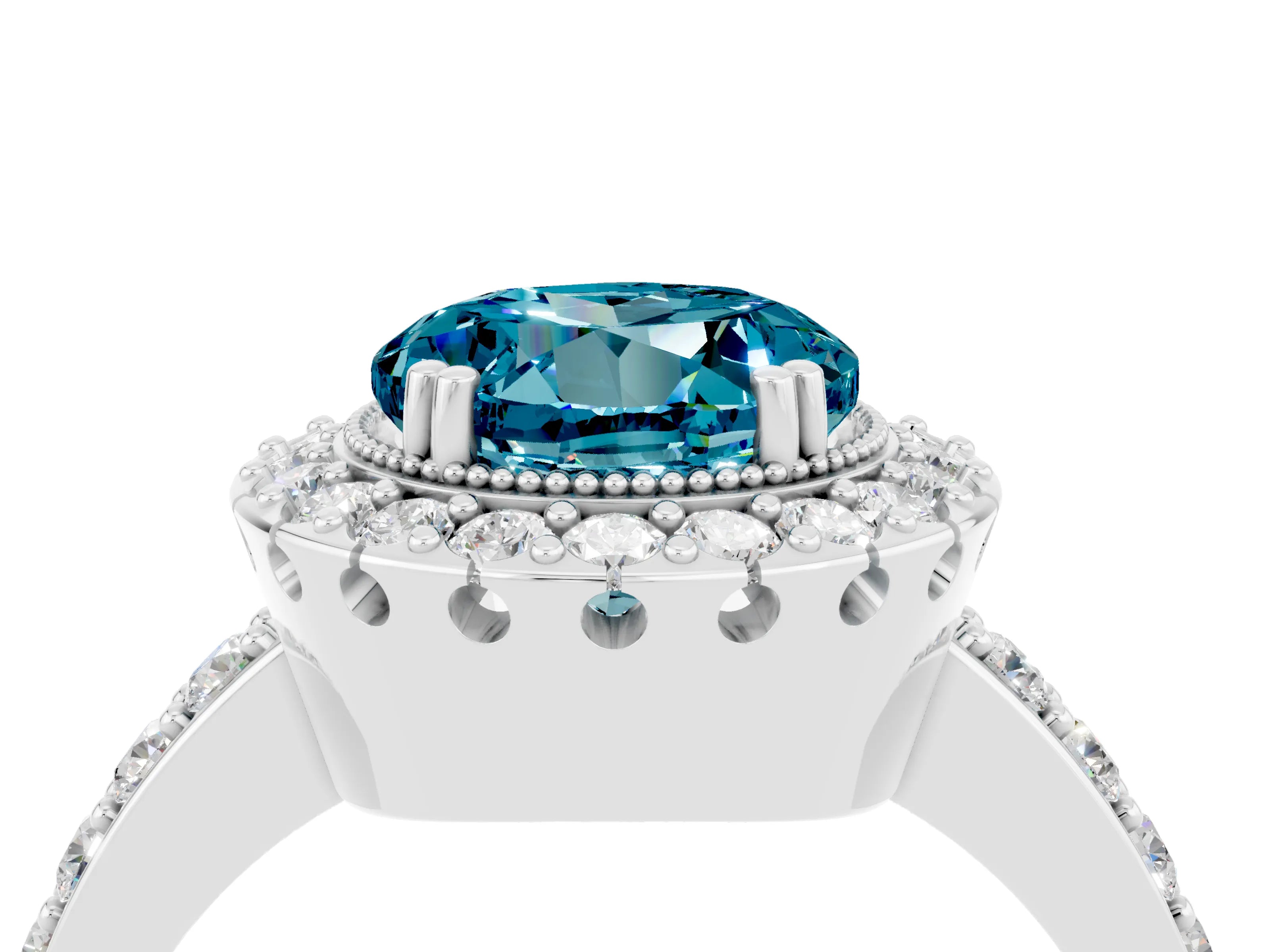White gold Round Cut Diamond Halo Ring with Pavé Band and Prong Setting_4