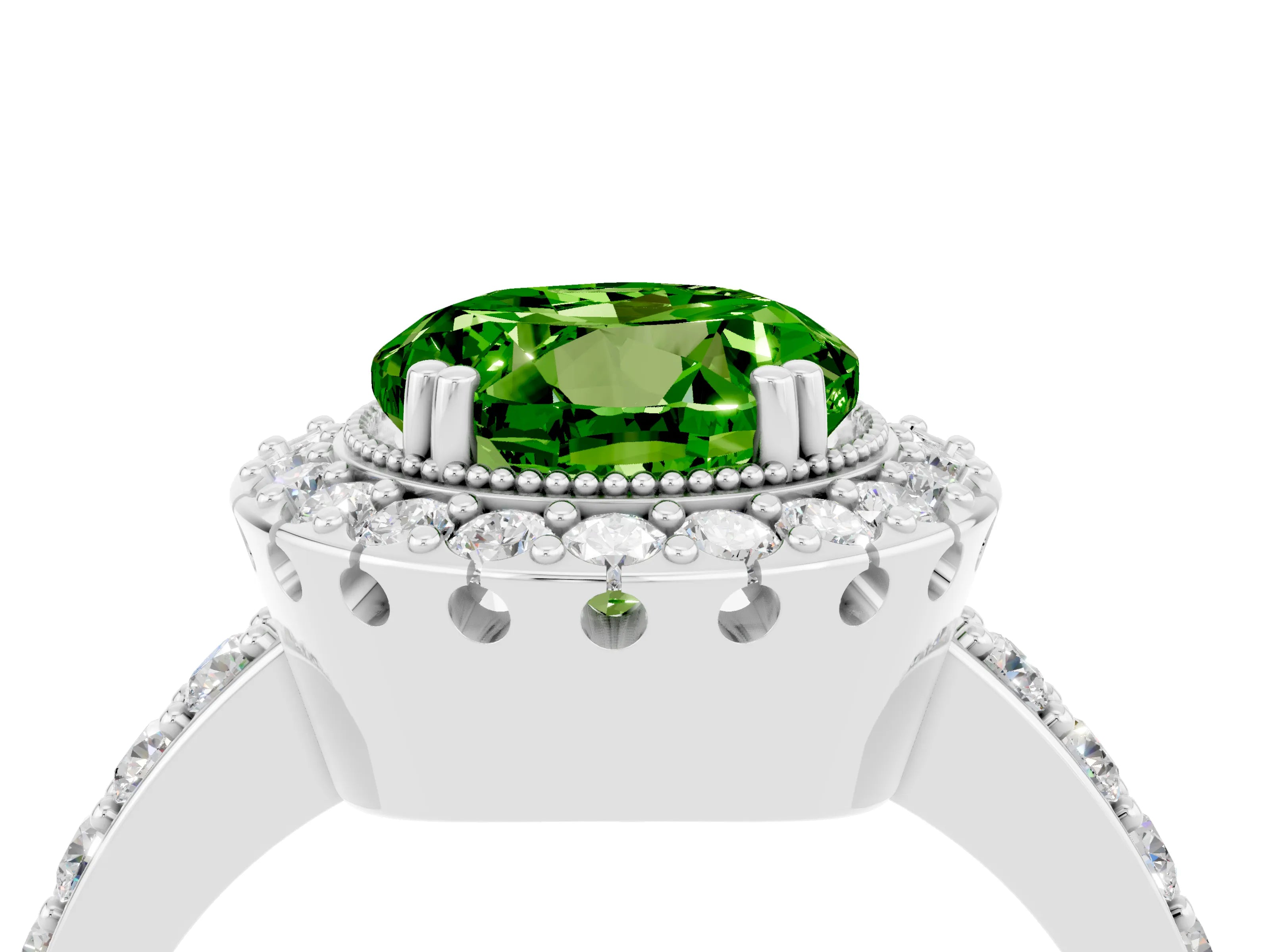 White gold Round Cut Diamond Halo Ring with Pavé Band and Prong Setting_4
