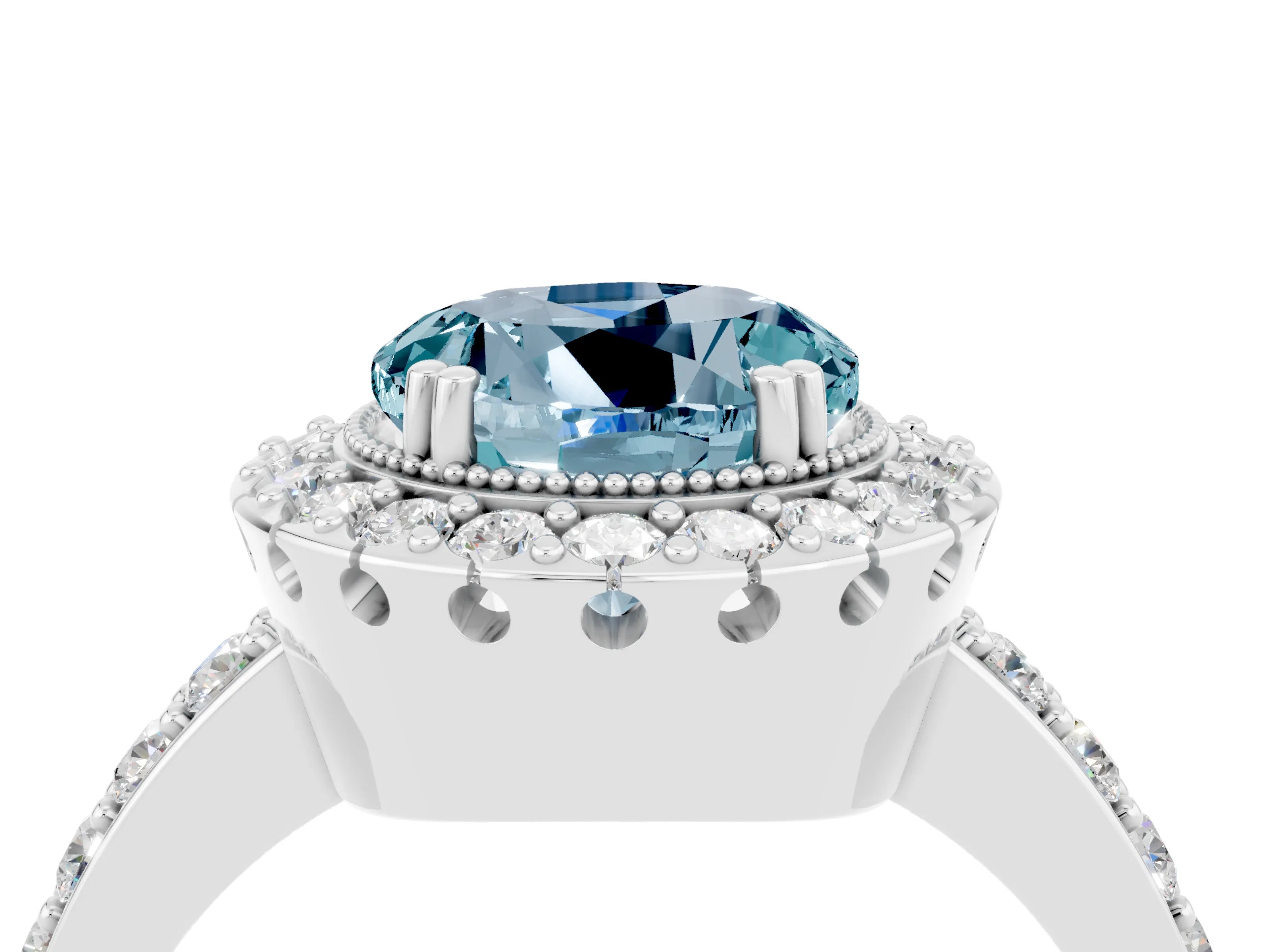 White gold Round Cut Diamond Halo Ring with Pavé Band and Prong Setting_4