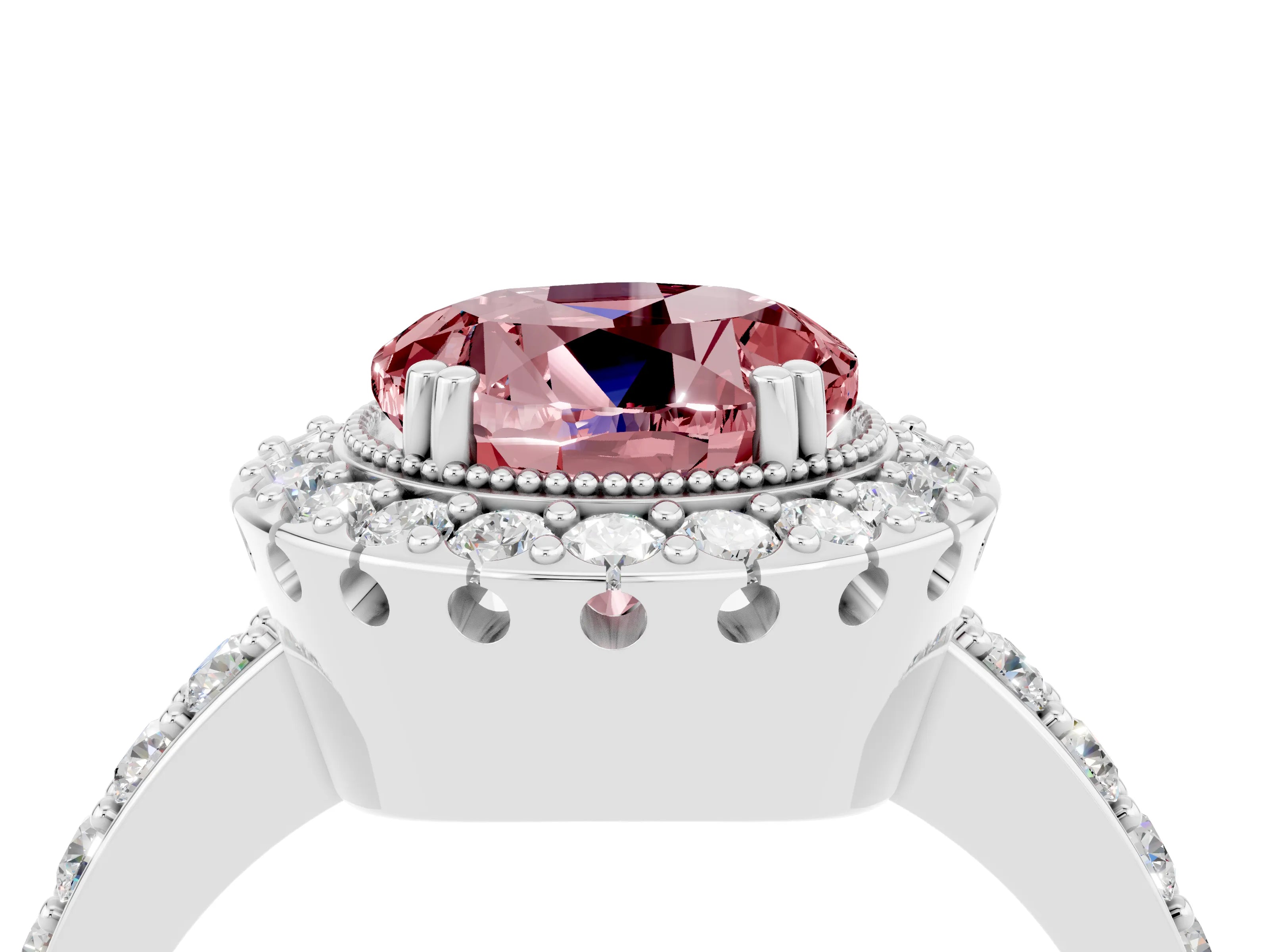 White gold Round Cut Diamond Halo Ring with Pavé Band and Prong Setting_4