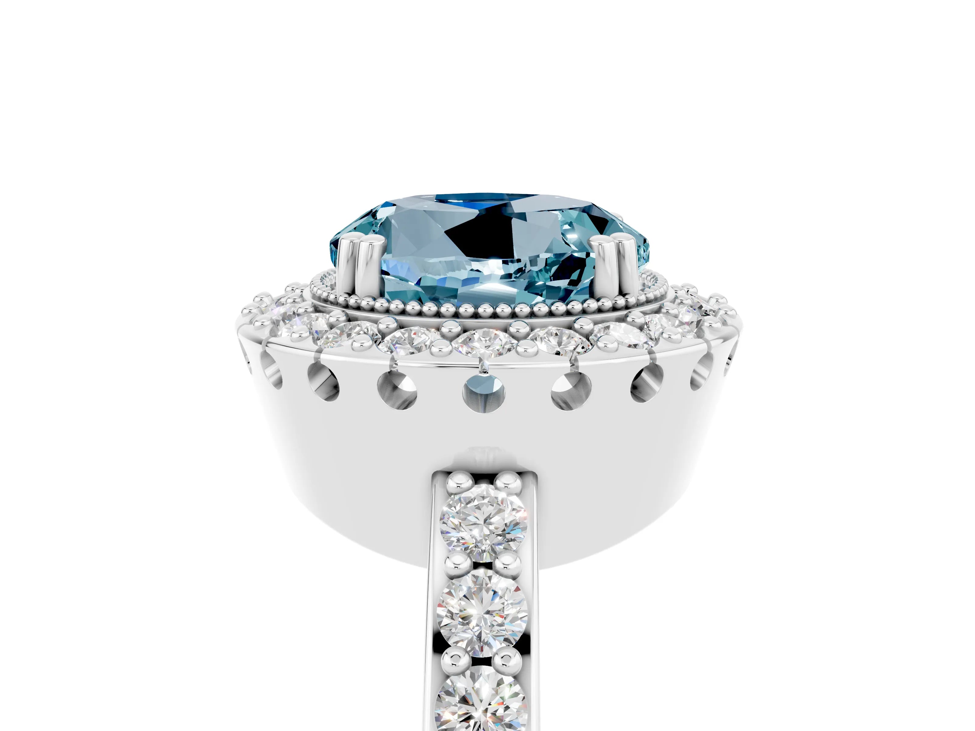 White gold Round Cut Diamond Halo Ring with Pavé Band and Prong Setting_5