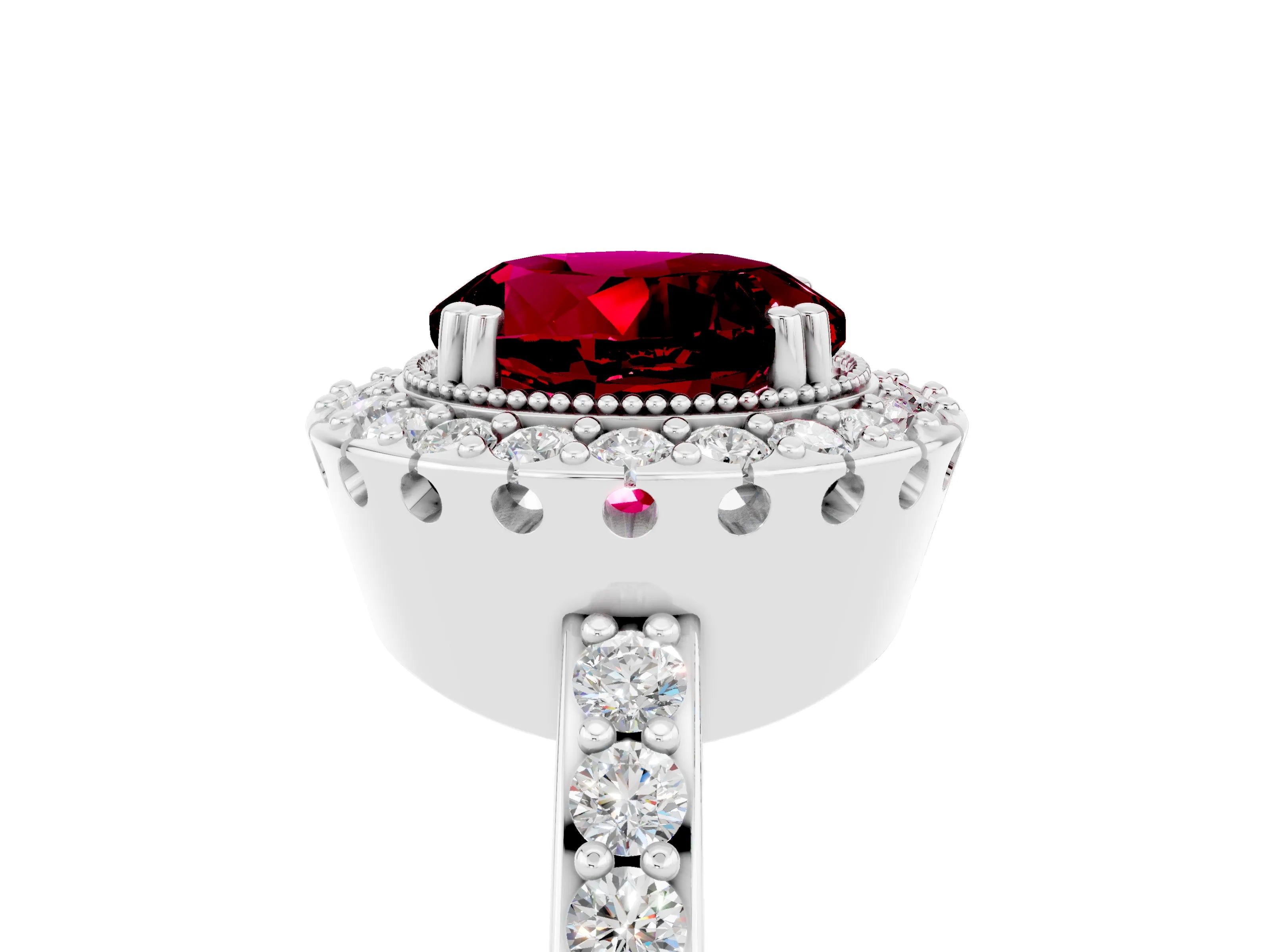White gold Round Cut Diamond Halo Ring with Pavé Band and Prong Setting_5