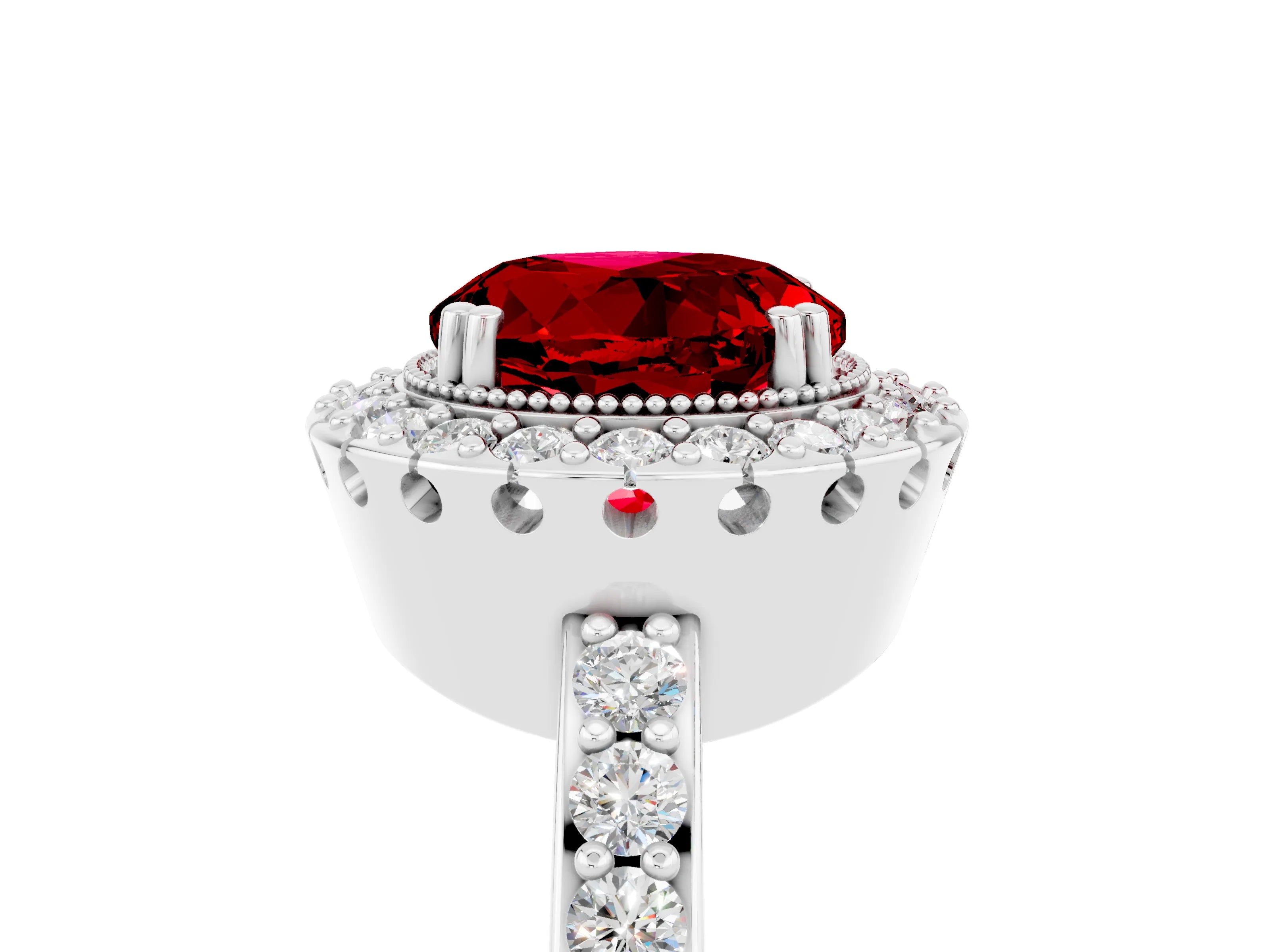 White gold Round Cut Diamond Halo Ring with Pavé Band and Prong Setting_5