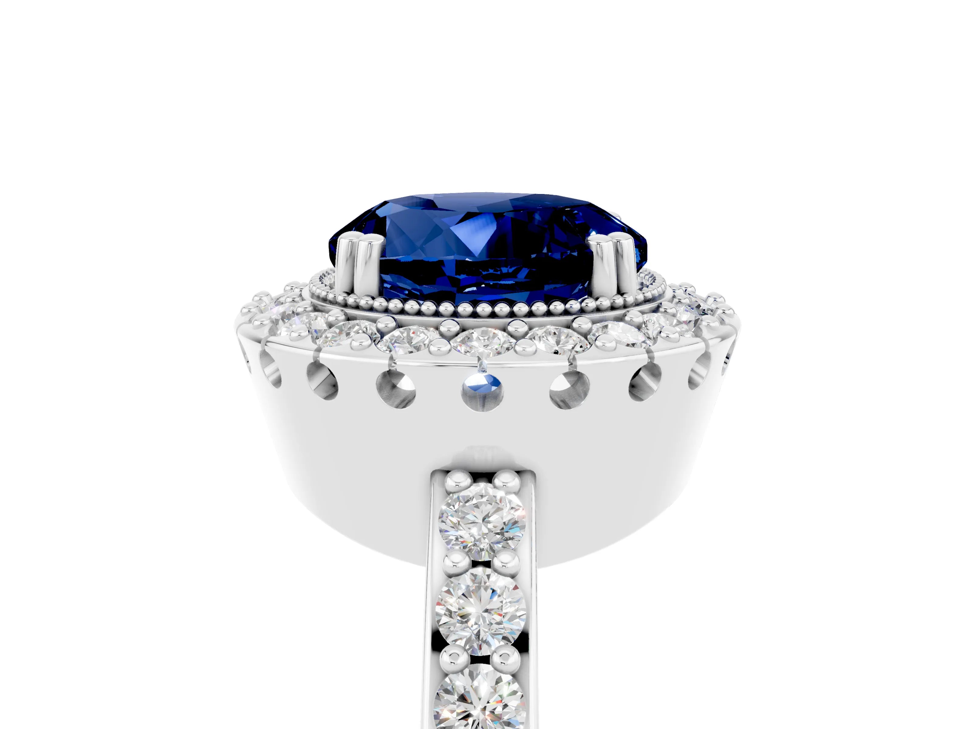 White gold Round Cut Diamond Halo Ring with Pavé Band and Prong Setting_5