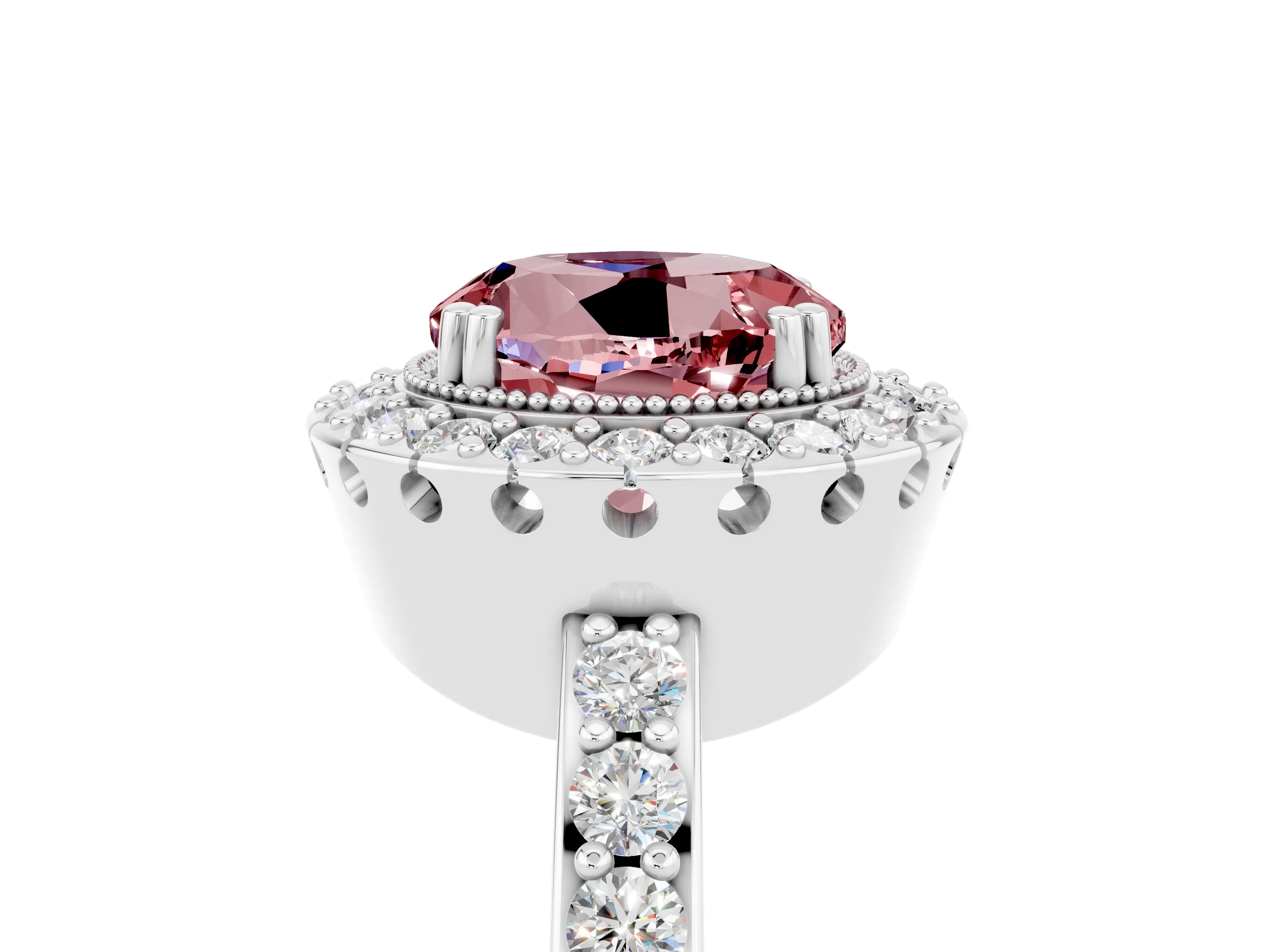 White gold Round Cut Diamond Halo Ring with Pavé Band and Prong Setting_5