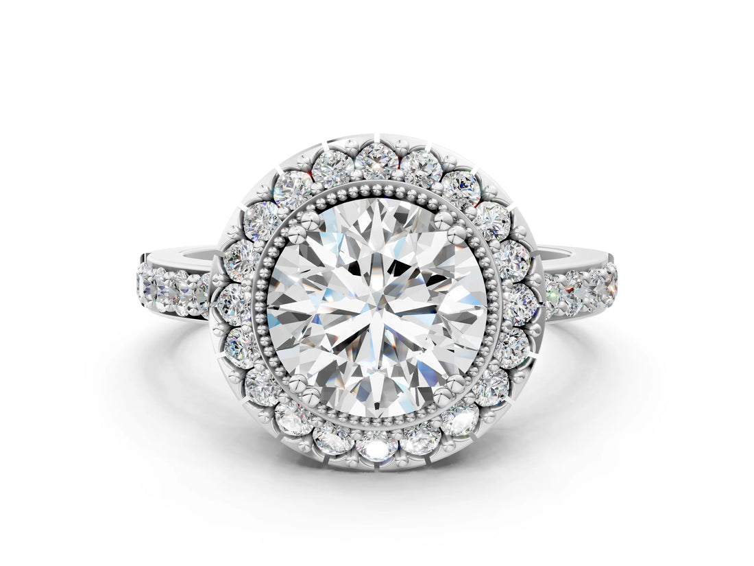 White gold Round Cut Diamond Halo Ring with Pavé Band and Prong Setting_7