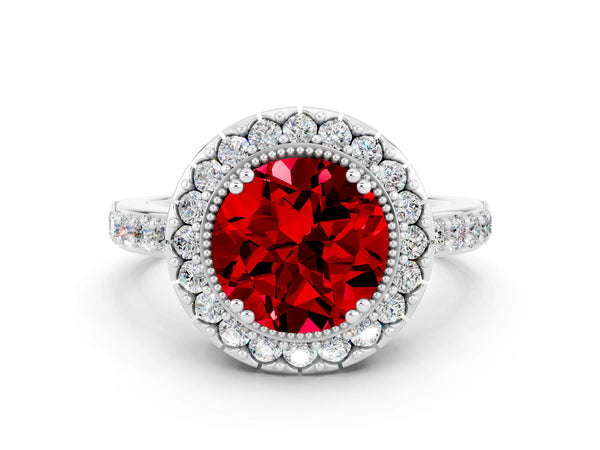 White gold Round Cut Ruby Halo Ring with Pavé Band and Prong Setting