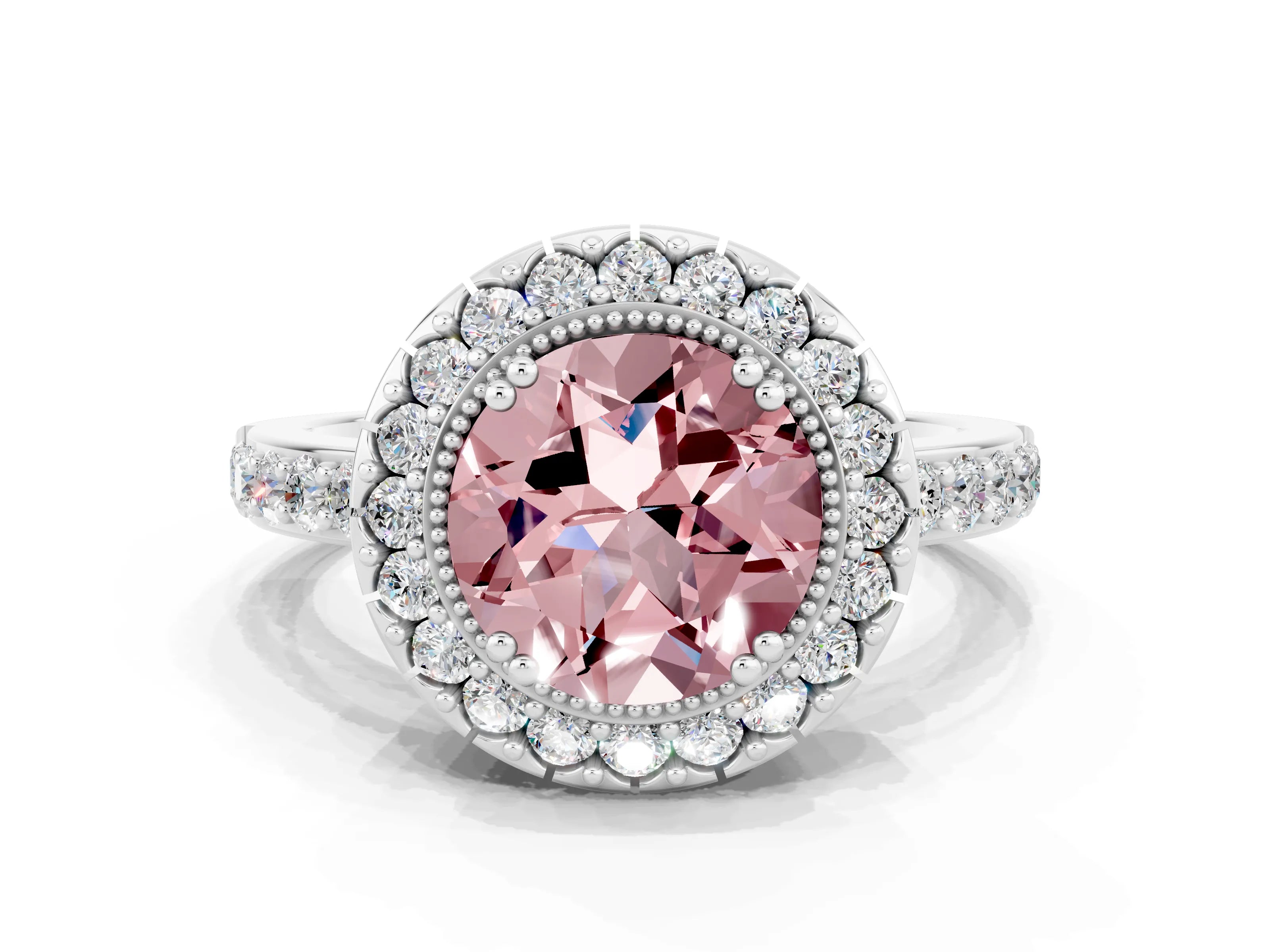 White gold Round Cut Diamond Halo Ring with Pavé Band and Prong Setting