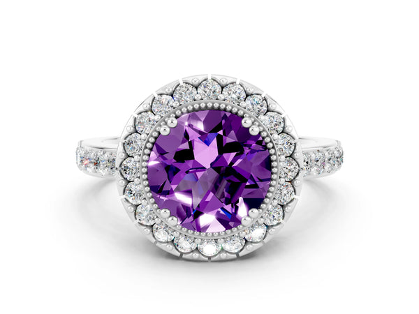 White gold Round Cut Amethyst Halo Ring with Pavé Band and Prong Setting