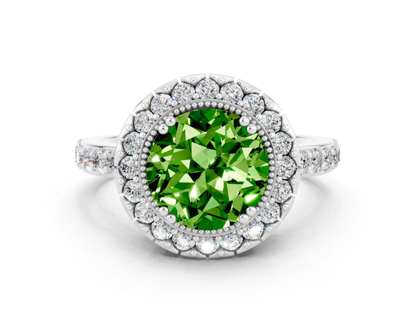 Silver Round Cut Peridot Halo Ring with Pavé Band and Prong Setting