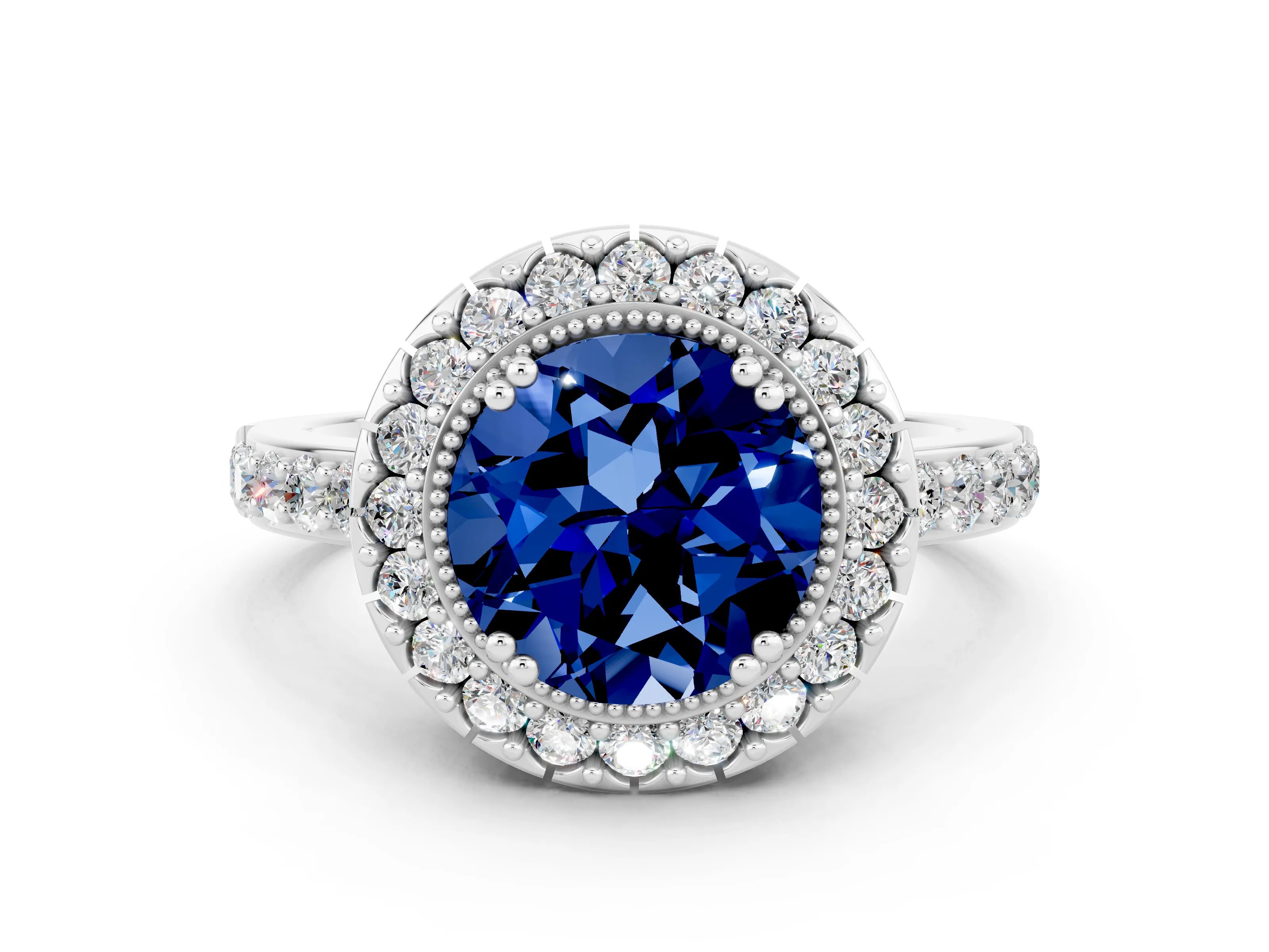White gold Round Cut Diamond Halo Ring with Pavé Band and Prong Setting