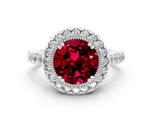 Silver Round Cut Garnet Halo Ring with Pavé Band and Prong Setting