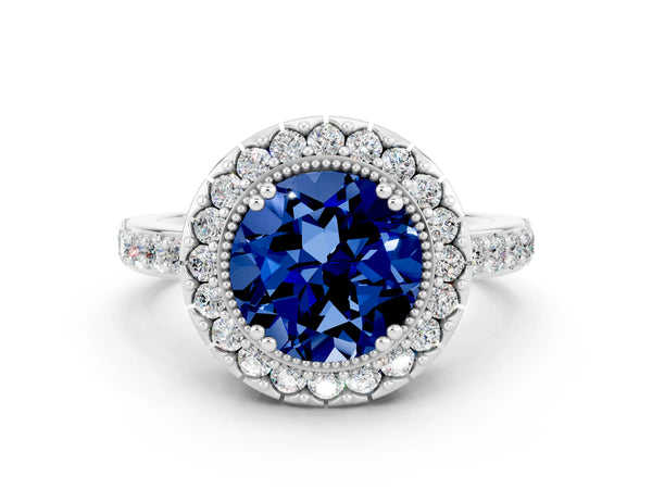 Platinum Round Cut Blue Sapphire Halo Ring with Pavé Band and Prong Setting