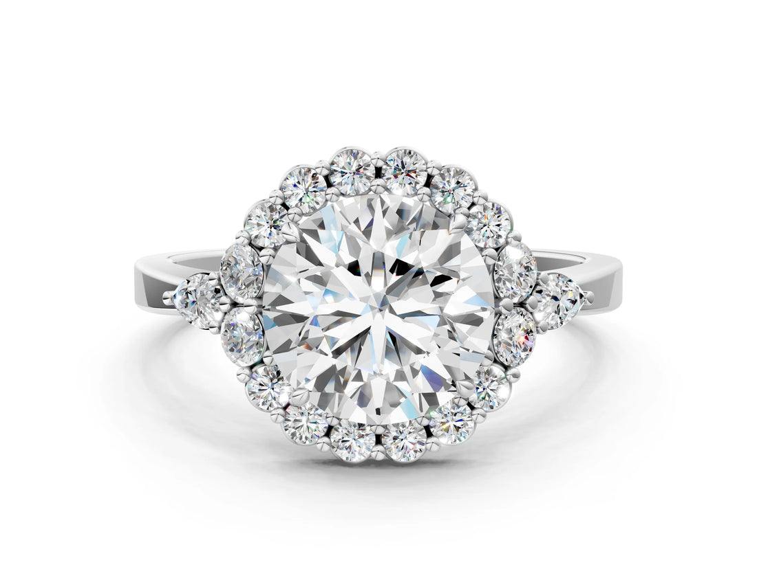 White gold Round Cut Diamond Halo Ring with Pear Side Stones and Prong Setting_73
